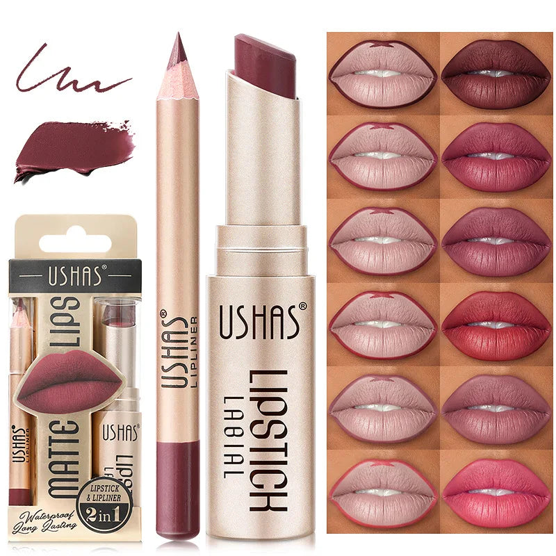 12 Color Matte Kit: Long-Lasting Lipstick & Liner Set